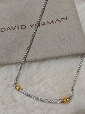 David Yurman Two-Tone Pave Bar Necklace in Silver and Gold Accents